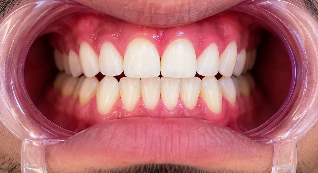After view of the same teeth and gums with the plaque cleaned away