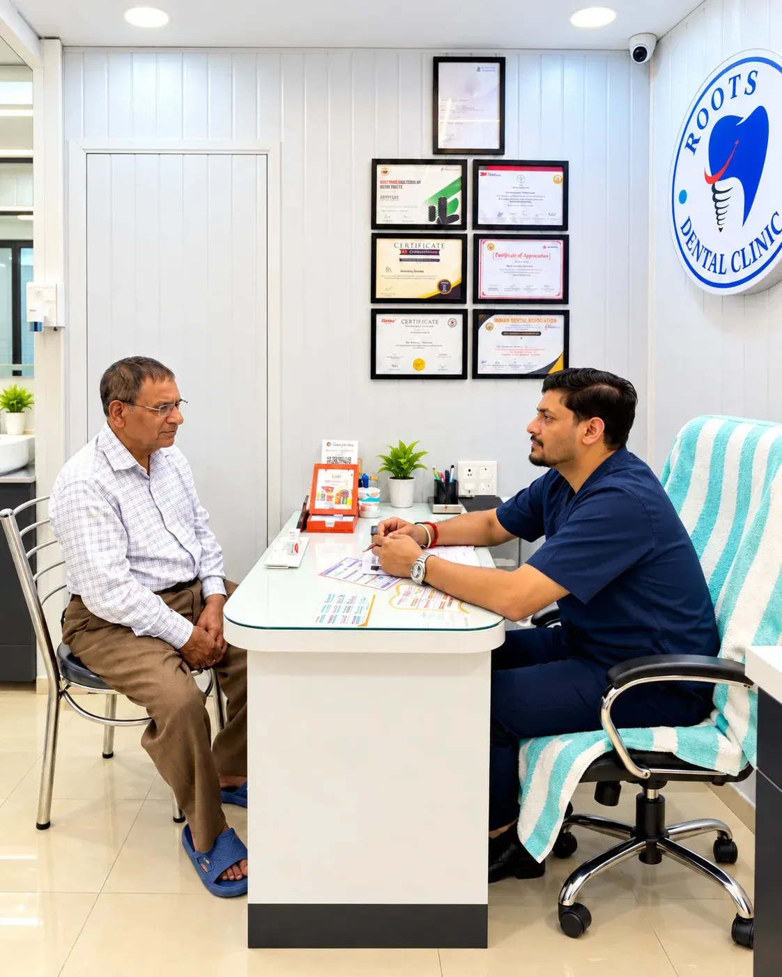 Dr. Shubham Tripathi listening to a patient at the consultation desk