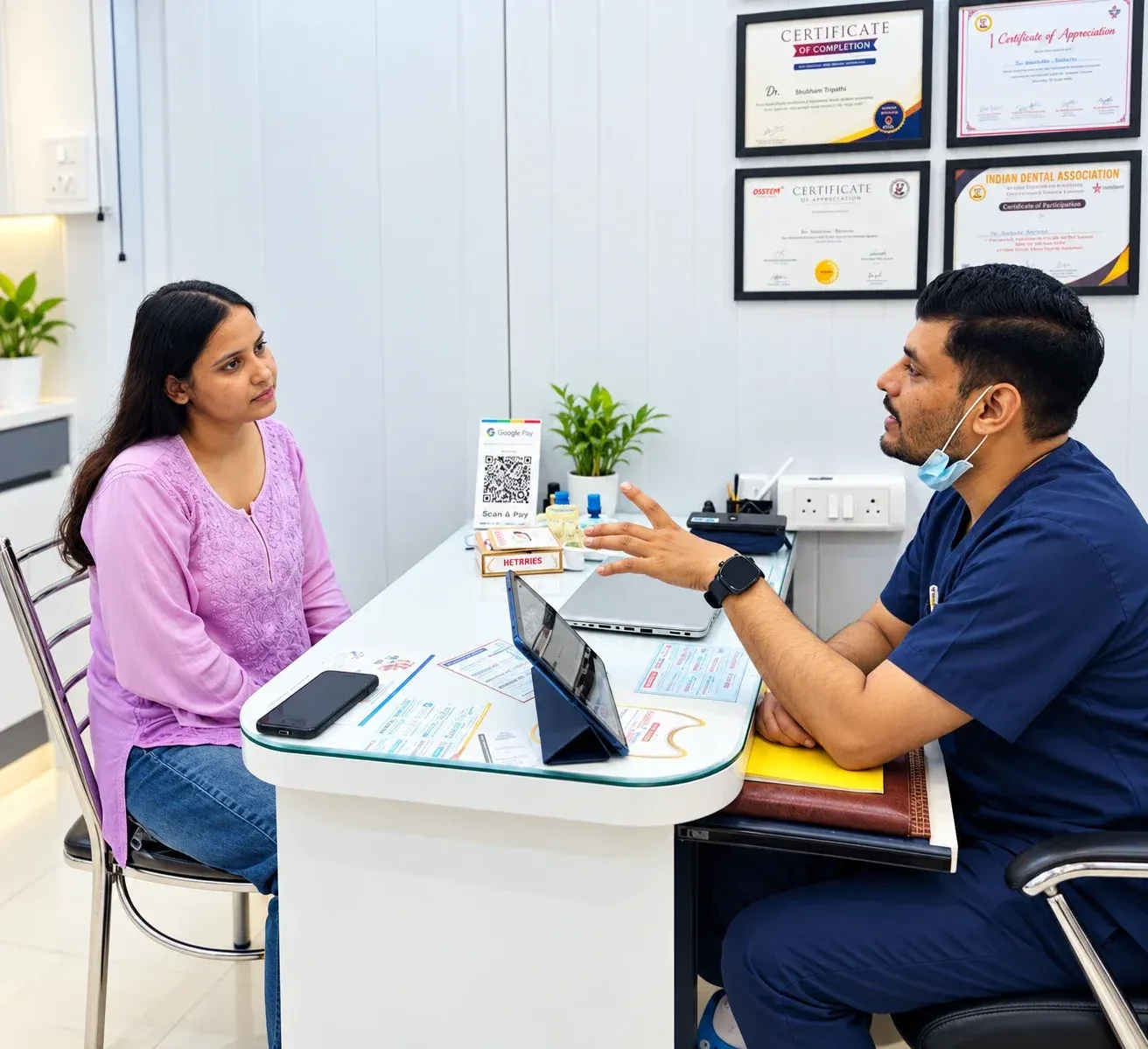 Dr. Shubham Tripathi talking through a patient's concerns at the consultation desk