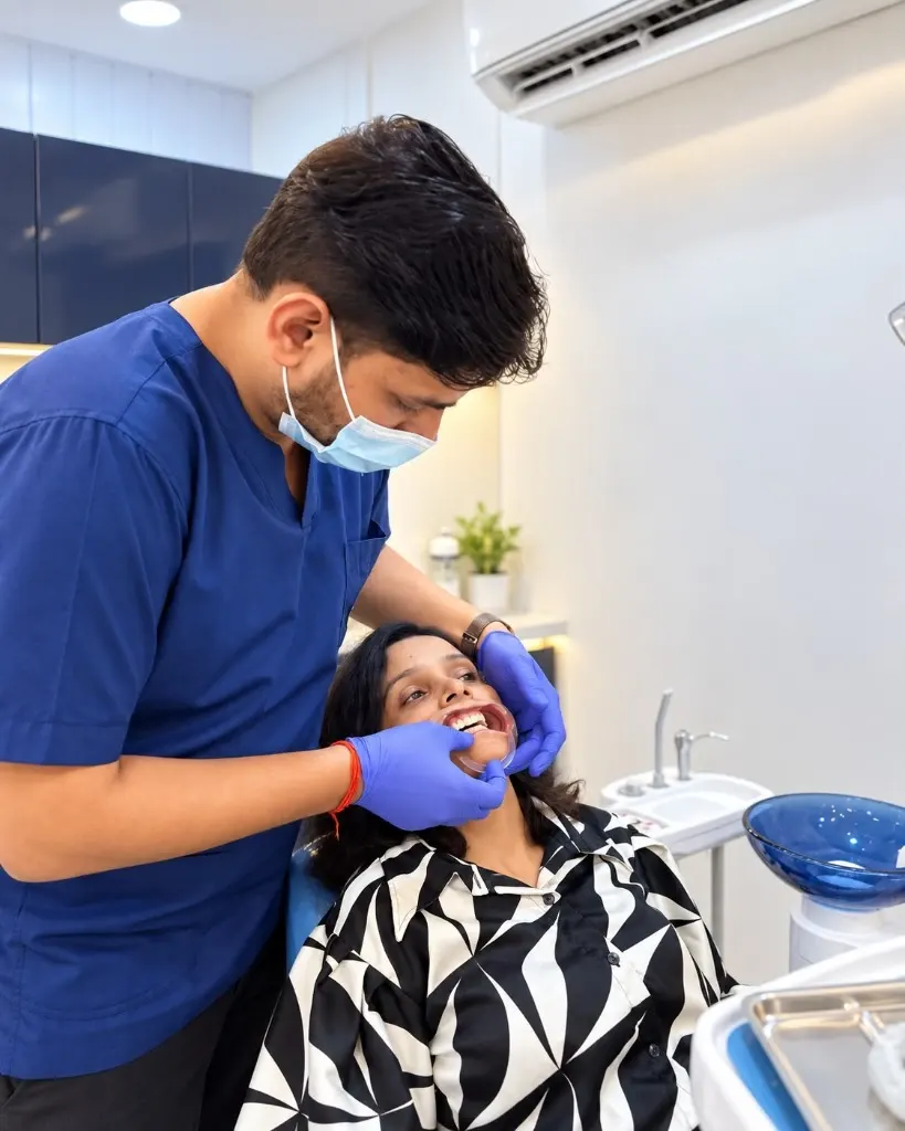 Dr. Shubham Tripathi examining a smiling patient's teeth during a checkup