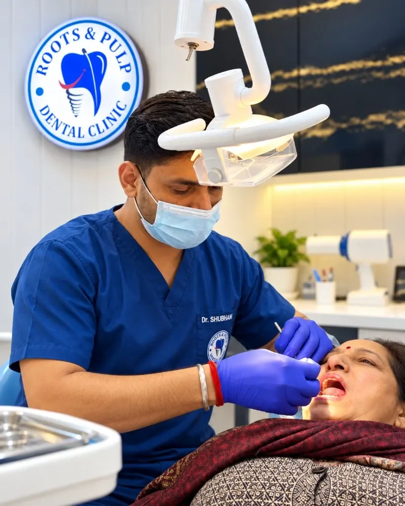 Dr. Shubham Tripathi treating a patient beneath the Roots & Pulp Dental Clinic sign