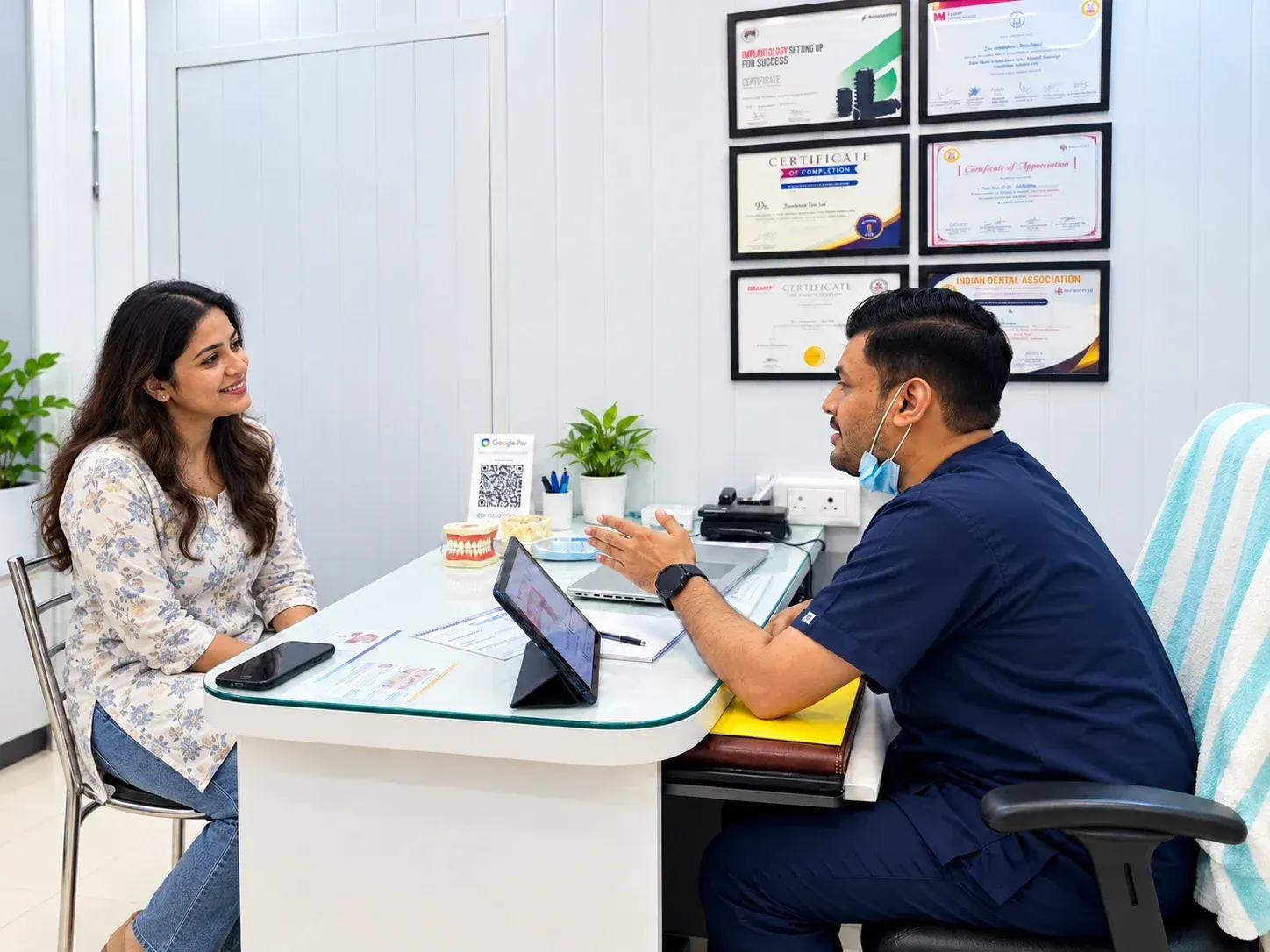 A Roots & Pulp dentist talking a patient through the options at the consultation desk