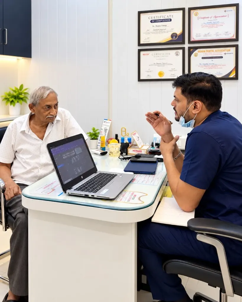Dr. Shubham Tripathi explaining a dental X-ray on a laptop to a patient at Roots & Pulp