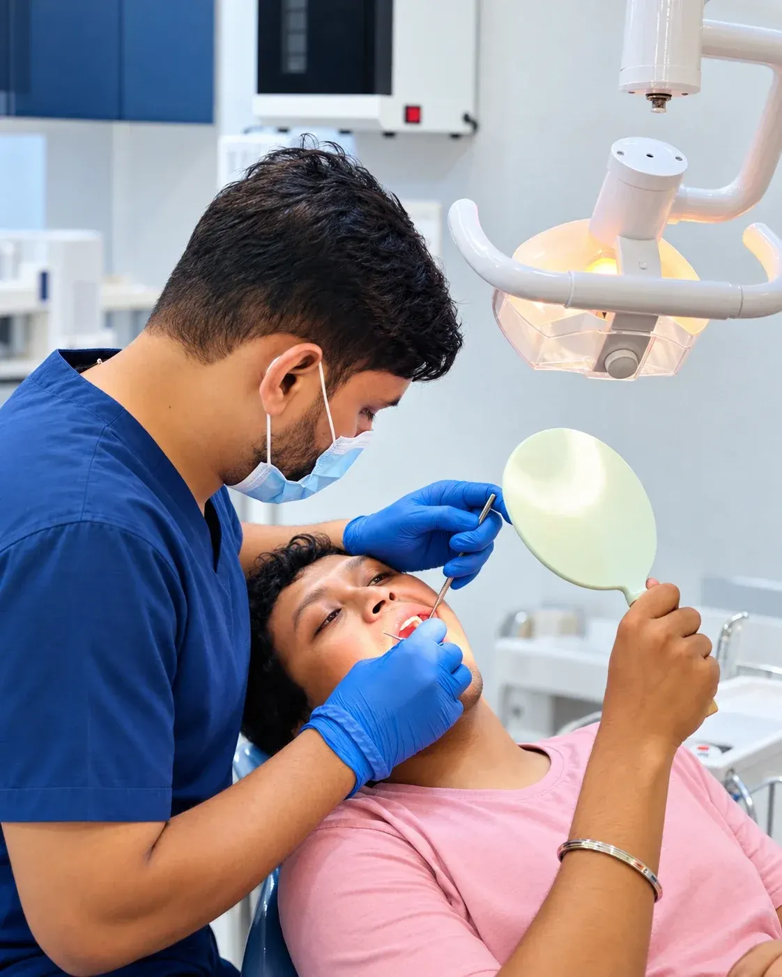 Dr. Shubham Tripathi showing a patient her teeth in a hand mirror