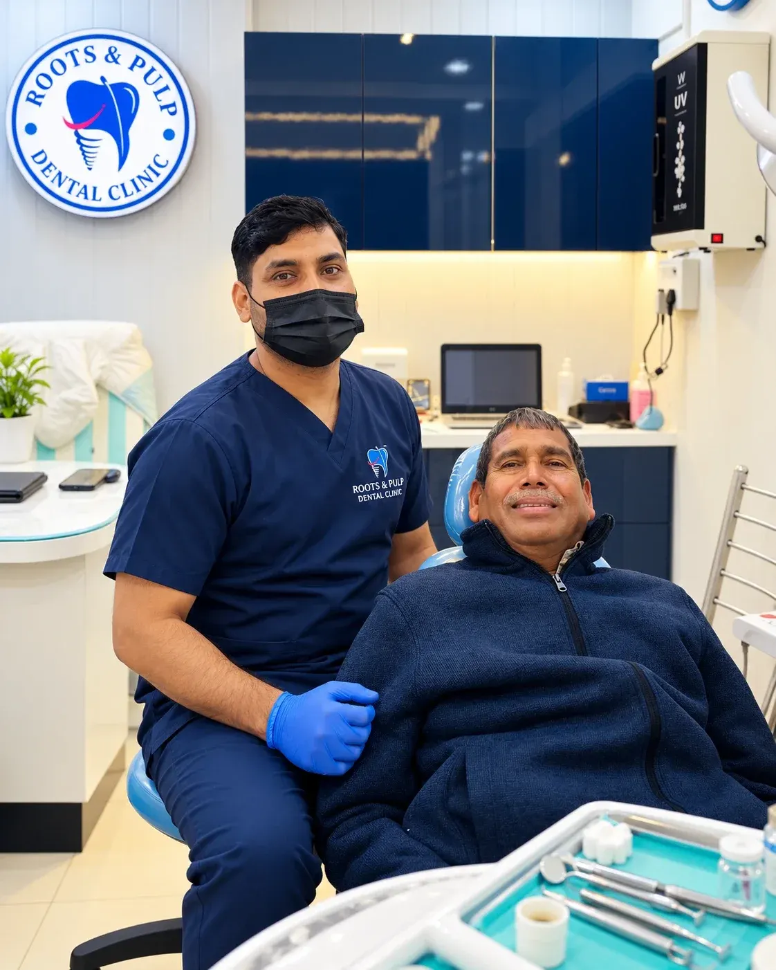 A Roots & Pulp dentist beside a smiling patient in the treatment chair