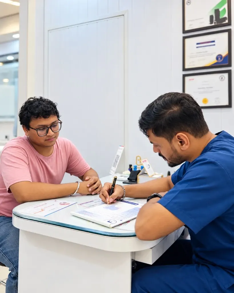 Dr. Shubham Tripathi writing out a treatment plan with a patient at the consultation desk