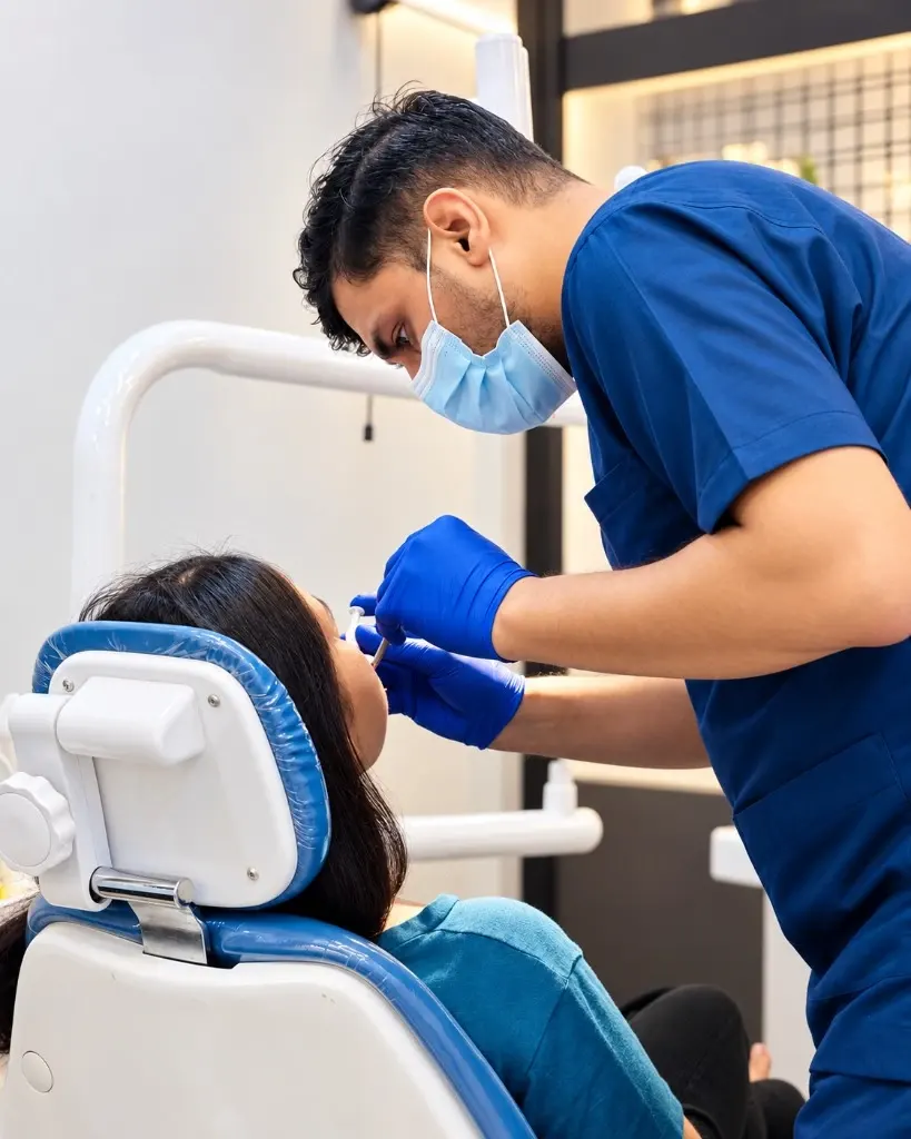Dr. Shubham Tripathi treating a patient in the dental chair at Roots & Pulp