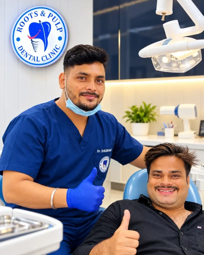 Dr. Shubham Tripathi and a smiling patient giving a thumbs up after an appointment