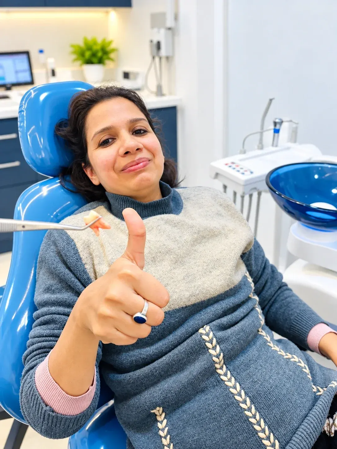 A smiling patient giving a thumbs up in the dental chair at Roots & Pulp