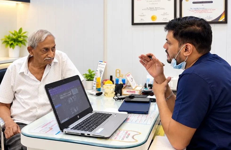 Dr. Shubham Tripathi speaking with a patient beside the consultation desk