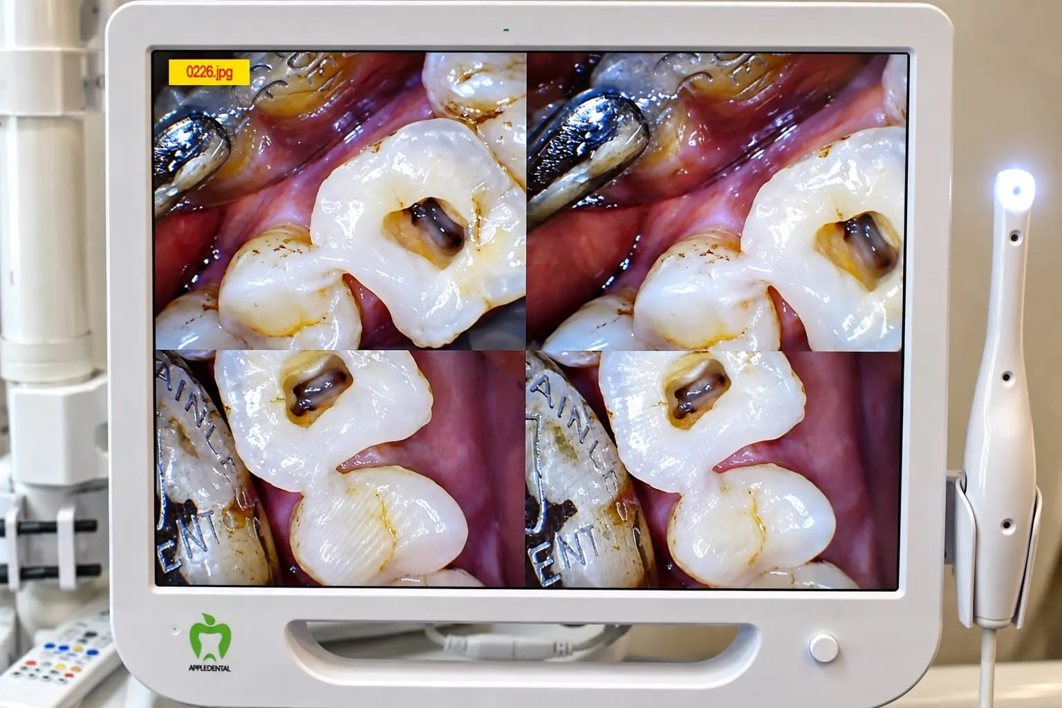 Intraoral camera screen showing close-up views of a molar during root canal treatment
