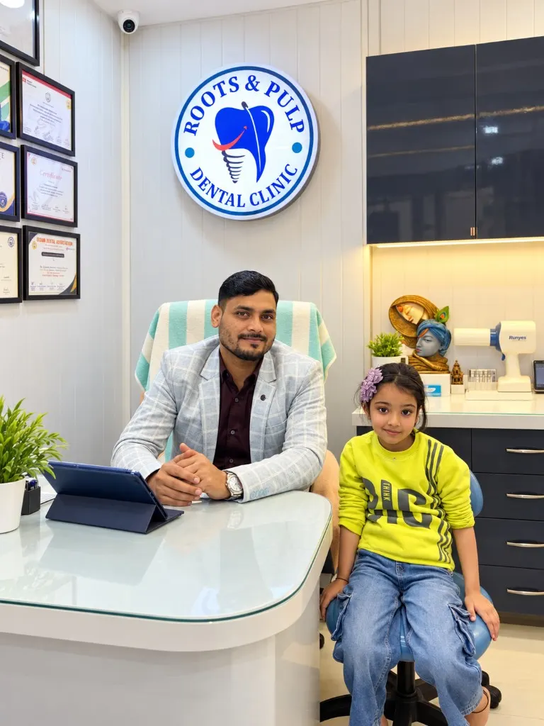 Dr. Shubham Tripathi sitting beside a child patient at Roots & Pulp