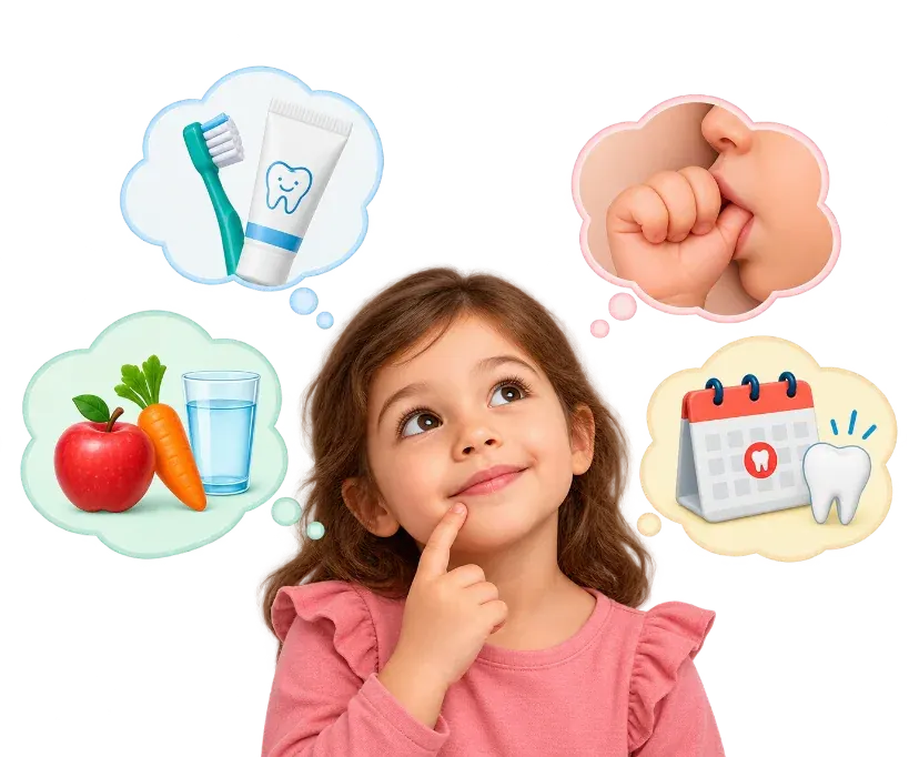A child thinking about brushing, healthy food, dental visits and oral habits