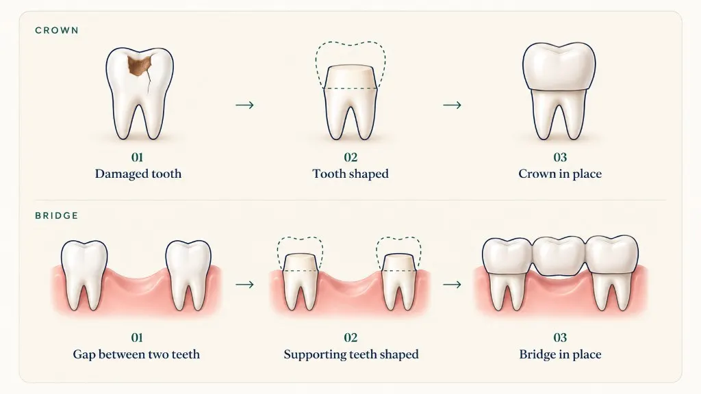 Illustrated steps showing how a dental crown covers a damaged tooth and how a bridge replaces a missing tooth