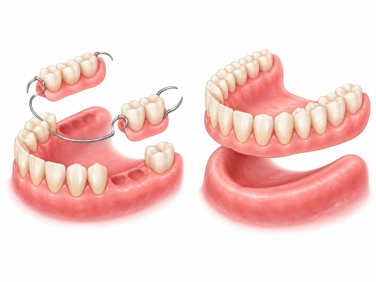 Illustration of a partial denture with metal clasps beside a complete lower denture
