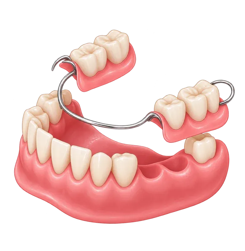 Illustration of a partial denture with clasps fitting into gaps between remaining lower teeth