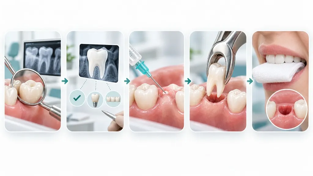 Steps of a tooth extraction: examination and X-ray, discussing options, numbing, removing the tooth, and biting on gauze