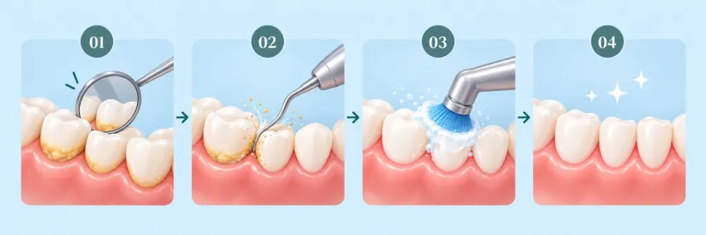 Illustrated steps of treating a tooth: examination, removing the damaged area, polishing, and a finished tooth