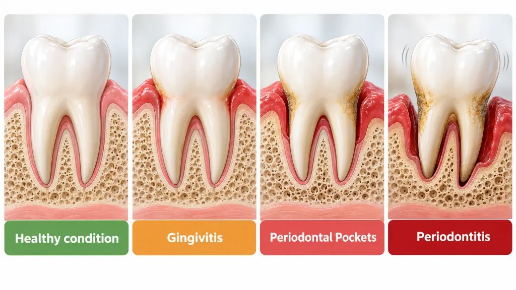 Stages of gum disease: healthy gums, gingivitis, periodontal pockets, and periodontitis