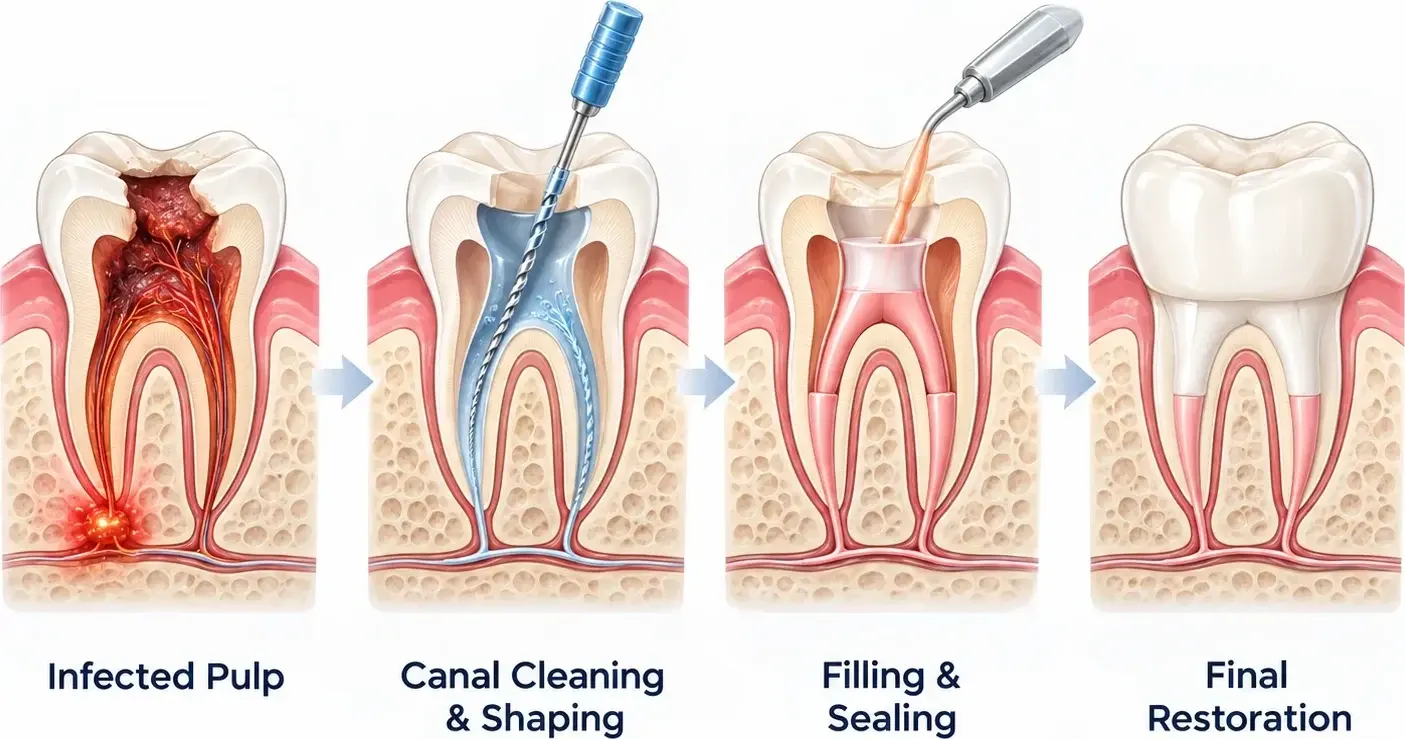 Four-stage illustration of root canal treatment: infected pulp, canal cleaning and shaping, filling and sealing, and the final restoration.