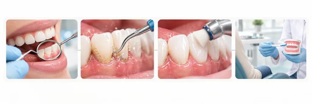 Steps of a professional clean: examination, scaling, polishing and home-care advice